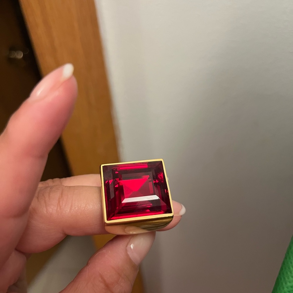 Michael Kors Red and Gold Ring with Square-Cut Gemstone-